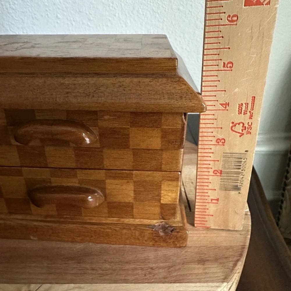 Vintage Wooden Jewelry Box 7x5x5 Inch Chest Checkered Inlay Drawers Green Lined